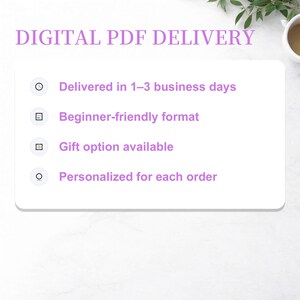 K&ouml;nnte beinhalten: Eine wei&szlig;e Karte mit lila Text "DIGITAL PDF DELIVERY". Sie listet Merkmale auf: Lieferung in 1-3 Werktagen, anf&auml;ngerfreundliches Format, Geschenkoption und Personalisierung, alles in Aufz&auml;hlungszeichen.