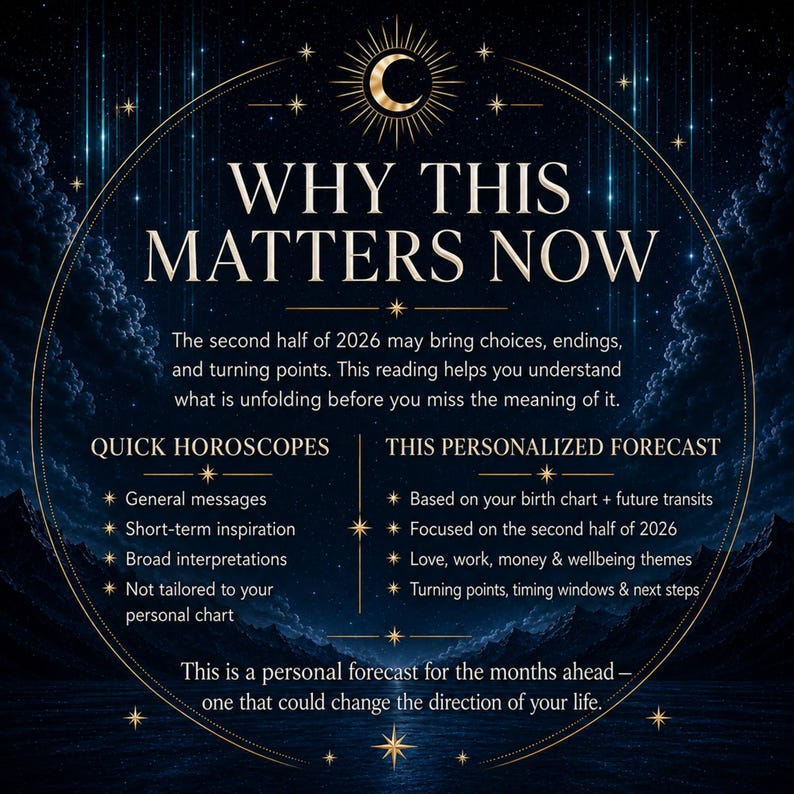 Op de afbeelding: Een donkerblauwe afbeelding met een sterrenhemel op de achtergrond, een maansikkel en gouden tekst. De tekst luidt: WHY THIS MATTERS NOW, The second half of 2026 may bring choices, endings, and turning points. QUICK HOROSCOPES en THIS PERSONALIZED FORECAST.