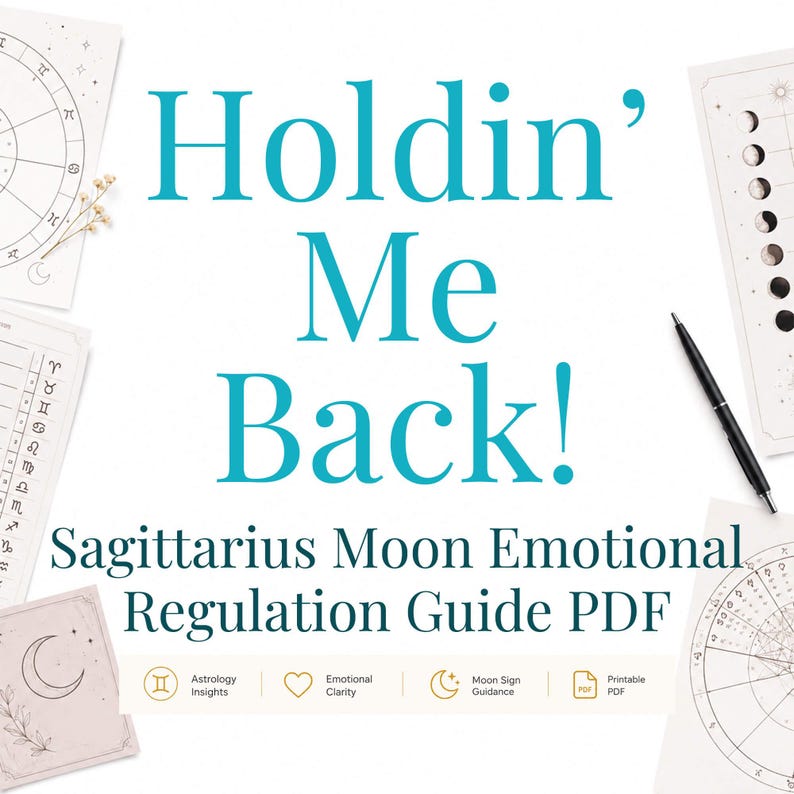 May include: A digital document titled Holdin' Me Back! Sagittarius Moon Emotional Regulation Guide PDF, surrounded by astrology charts, moon phase illustrations, and a black pen. Icons for astrology insights, emotional clarity, and moon sign guidance.