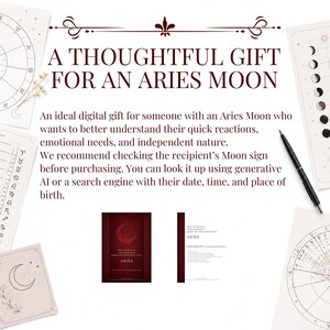Puede incluir: Un documento digital titulado A THOUGHTFUL GIFT FOR AN ARIES MOON, con texto sobre rasgos de la Luna en Aries, un bol&iacute;grafo negro y cartas astrol&oacute;gicas. El documento incluye una portada roja con una luna creciente y un &iacute;ndice para Aries.
