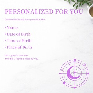 K&ouml;nnte beinhalten: Wei&szlig;er Hintergrund mit dem Text "PERSONALISIERT F&Uuml;R DICH" in Lila. Darunter sind "Name", "Geburtsdatum", "Geburtszeit" und "Geburtsort" aufgef&uuml;hrt. Ein lila Mond- und Stern-Design befindet sich unten rechts.