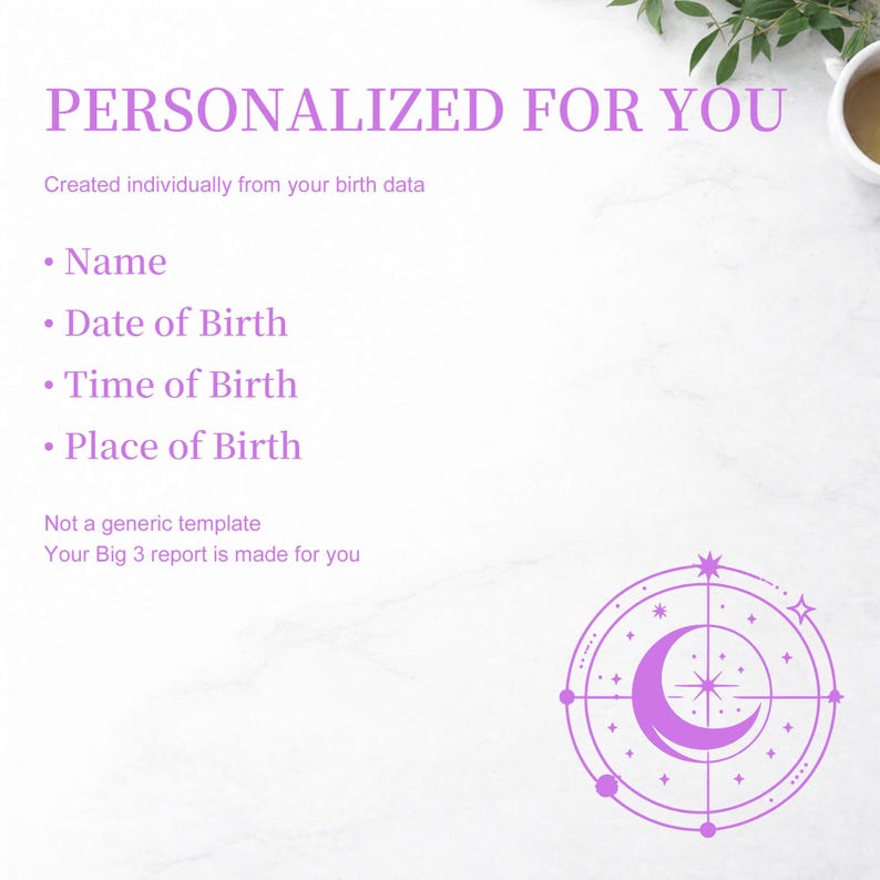 K&ouml;nnte beinhalten: Wei&szlig;er Hintergrund mit dem Text "PERSONALISIERT F&Uuml;R DICH" in Lila. Darunter sind "Name", "Geburtsdatum", "Geburtszeit" und "Geburtsort" aufgef&uuml;hrt. Ein lila Mond- und Stern-Design befindet sich unten rechts.