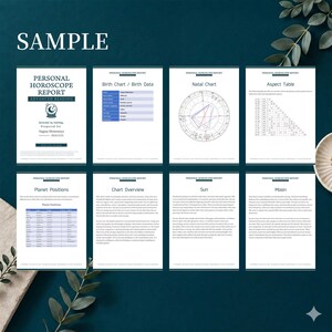 May include: A collection of eight white pages with astrological charts and reports. The pages include titles such as "Personal Horoscope Report," "Birth Chart," "Natal Chart," and "Planet Positions." The word "SAMPLE" is at the top.