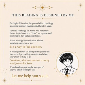 May include: Cream-colored graphic with text that reads "THIS READING IS DESIGNED BY ME." The text describes a personal astrology project based in Japan. Includes an illustration of a person and the phrase "Let me help you see it."
