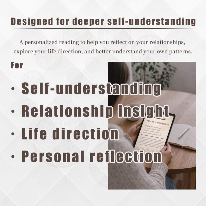 May include: Image promoting self-understanding, relationship insight, life direction, and personal reflection. Text reads "Designed for deeper self-understanding" and lists key areas. A person holds a tablet with text, next to a notebook.