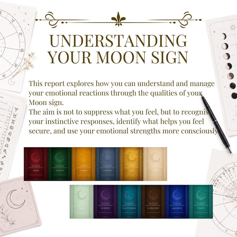 May include: A document titled UNDERSTANDING YOUR MOON SIGN with text about emotional reactions and moon signs. It is surrounded by astrological charts, moon phase diagrams, and a black pen. Below are twelve rectangular cards in various colors.
