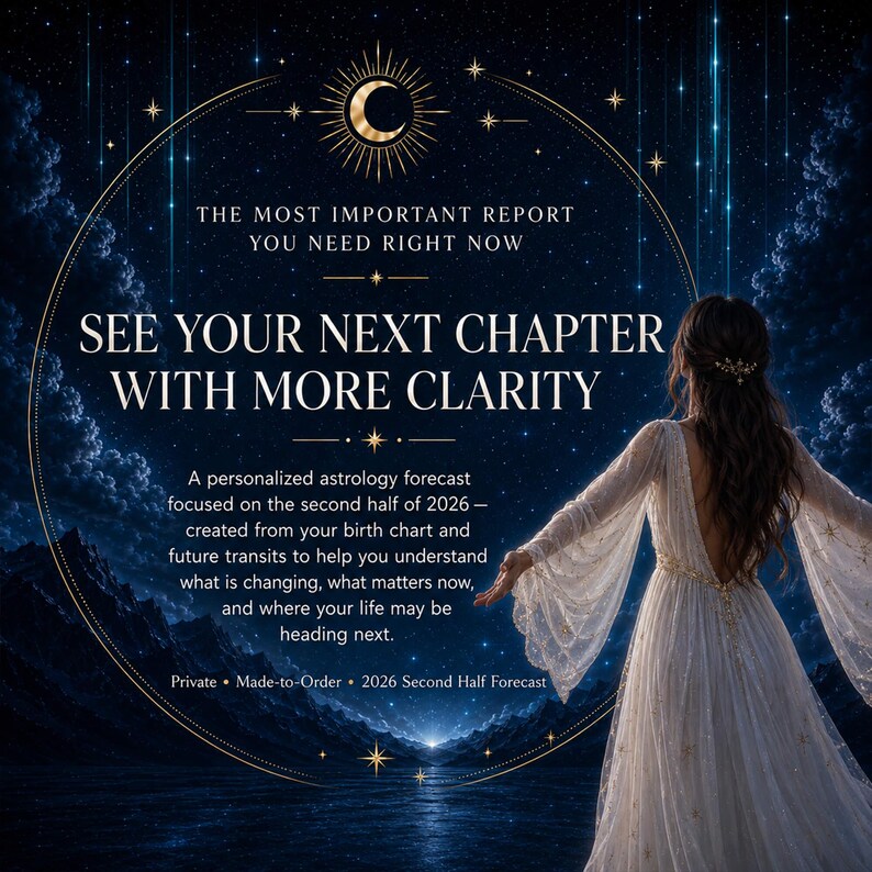 Op de afbeelding: Een digitale afbeelding met een persoon in een witte jurk die uitkijkt over een sterrenhemel boven bergen. De tekst luidt: THE MOST IMPORTANT REPORT YOU NEED RIGHT NOW, SEE YOUR NEXT CHAPTER WITH MORE CLARITY, A personalized astrology forecast.