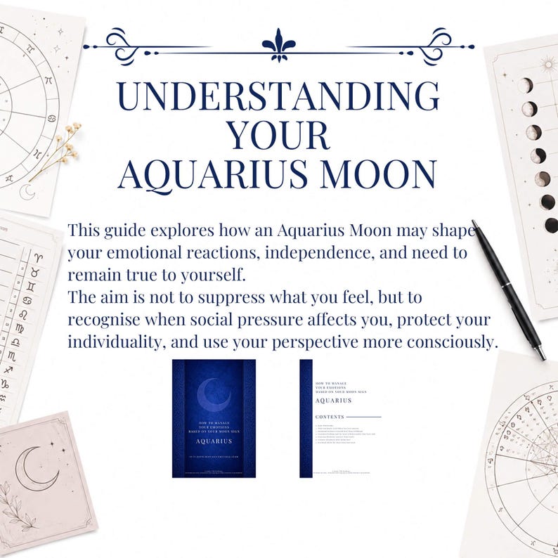 May include: A digital guide titled Understanding Your Aquarius Moon with text about emotional reactions and independence. The layout includes astrological charts, moon phase illustrations, and a black pen, alongside two small book cover previews.