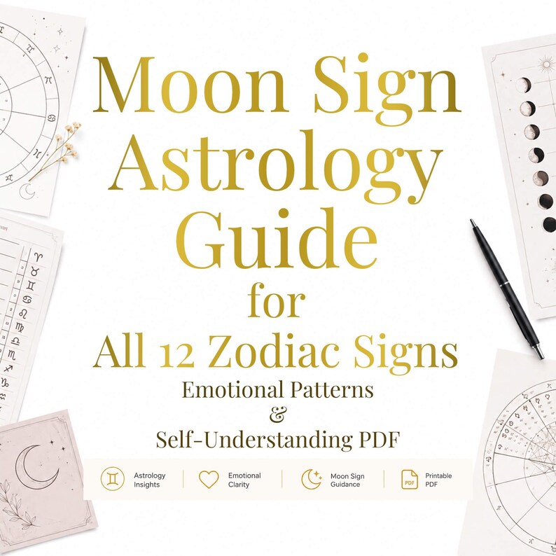 May include: A Moon Sign Astrology Guide for All 12 Zodiac Signs Emotional Patterns & Self-Understanding PDF document featuring gold text, a black pen, and surrounding pages with astrological charts, moon phases, and zodiac symbols.