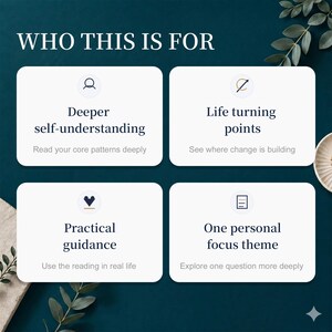 May include: An image with the text "WHO THIS IS FOR" at the top. Four white rectangular cards with rounded corners are below. Each card has a title and a short description. The titles are: Deeper self-understanding, Life turning points, Practical guidance, and One personal focus theme.