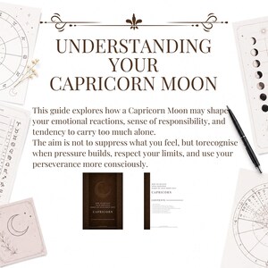 Może przedstawiać: Dokument zatytułowany Understanding Your Capricorn Moon z tekstem o reakcjach emocjonalnych i odpowiedzialności. Zawiera dwie małe okładki książek, czarny długopis oraz wykresy astrologiczne z fazami księżyca i symbolami zodiaku na białym papierze.