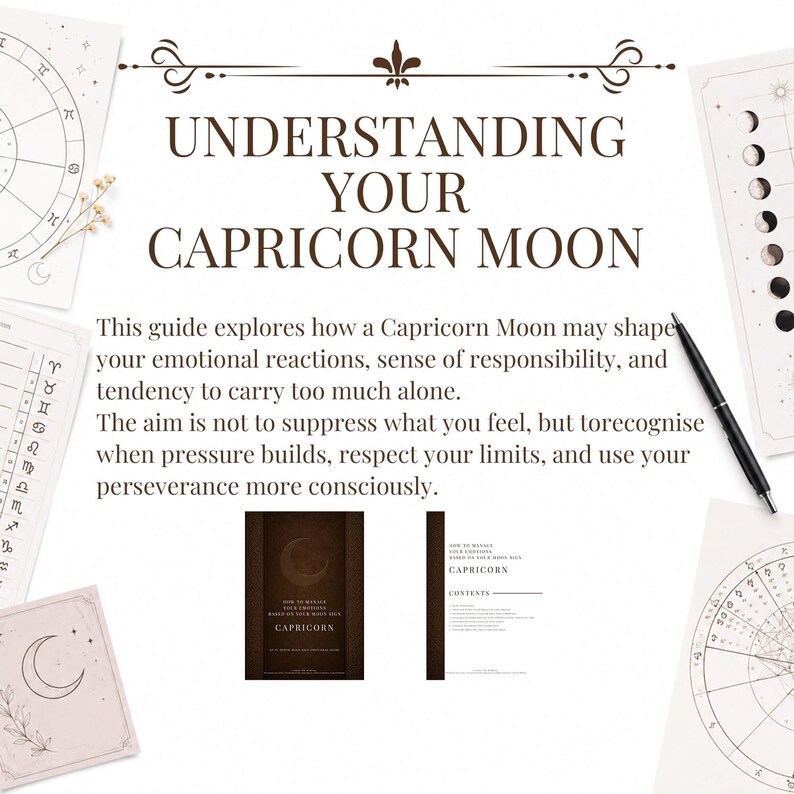 Może przedstawiać: Dokument zatytułowany Understanding Your Capricorn Moon z tekstem o reakcjach emocjonalnych i odpowiedzialności. Zawiera dwie małe okładki książek, czarny długopis oraz wykresy astrologiczne z fazami księżyca i symbolami zodiaku na białym papierze.