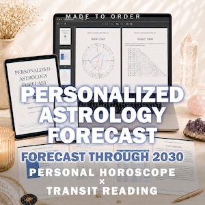 May include: A laptop and tablet display a personalized astrology forecast, with charts and text. The text includes "Personalized Astrology Forecast," "Forecast Through 2030," and "Personal Horoscope x Transit Reading." The image also features crystals and a candle.