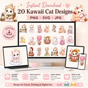 May include: A digital collection of 20 Kawaii cat designs in PNG, SVG, and JPG formats. The graphics feature various illustrations of cats in different outfits and settings, displayed on a computer monitor, a laptop, a tablet, and a smartphone.