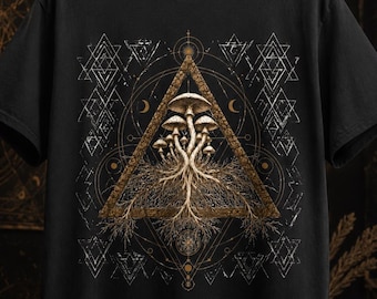 Mystical Mushroom Sacred Geometry Tee, Psychedelic Forest Boho Nature Shirt
