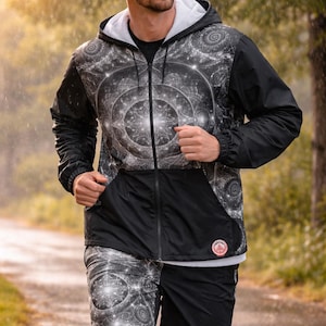 Puede incluir: Conjunto de chaqueta y pantalón corto deportivos en blanco y negro con diseño geométrico. La chaqueta tiene capucha blanca y cierre de cremallera. El pantalón corto tiene un estampado a juego. La persona lleva auriculares blancos y corre por un camino.