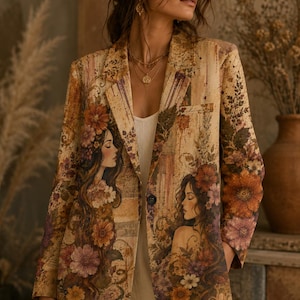 May include: A long-sleeve blazer featuring a printed design of two women with long hair adorned with flowers in shades of orange, brown, and cream. The blazer has a single black button closure, notched lapels, and a textured, vintage-inspired pattern.