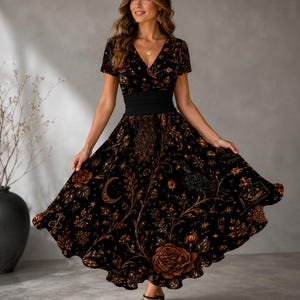 Könnte beinhalten: Ein schwarzes Midikleid mit V-Ausschnitt und kurzen Ärmeln, das über einen breiten, einfarbigen schwarzen Taillenbund verfügt. Der Rock ist mit einem detaillierten gold- und kupferfarbenen Druck aus Rosen, Mondsicheln, Sternen und Raben verziert.