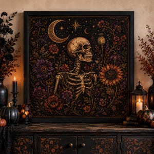 May include: A square framed wall art piece featuring a detailed illustration of a human skeleton surrounded by vibrant sunflowers, dark purple flowers, and a golden crescent moon against a black background, set in a simple black frame.