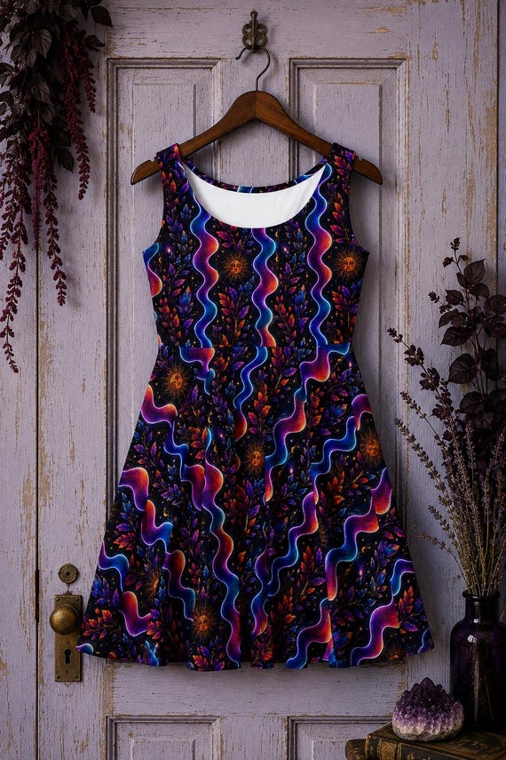 mystic boho dress Cosmic Witchy Skater Dress, Celestial Dress, Psychedelic Galaxy Dress, Sun & Moon A-line Dress, Festival Witchcore Outfit AQUA FORMAL or keep it casual COLOR:GARNET Women's Black Soft Jersey