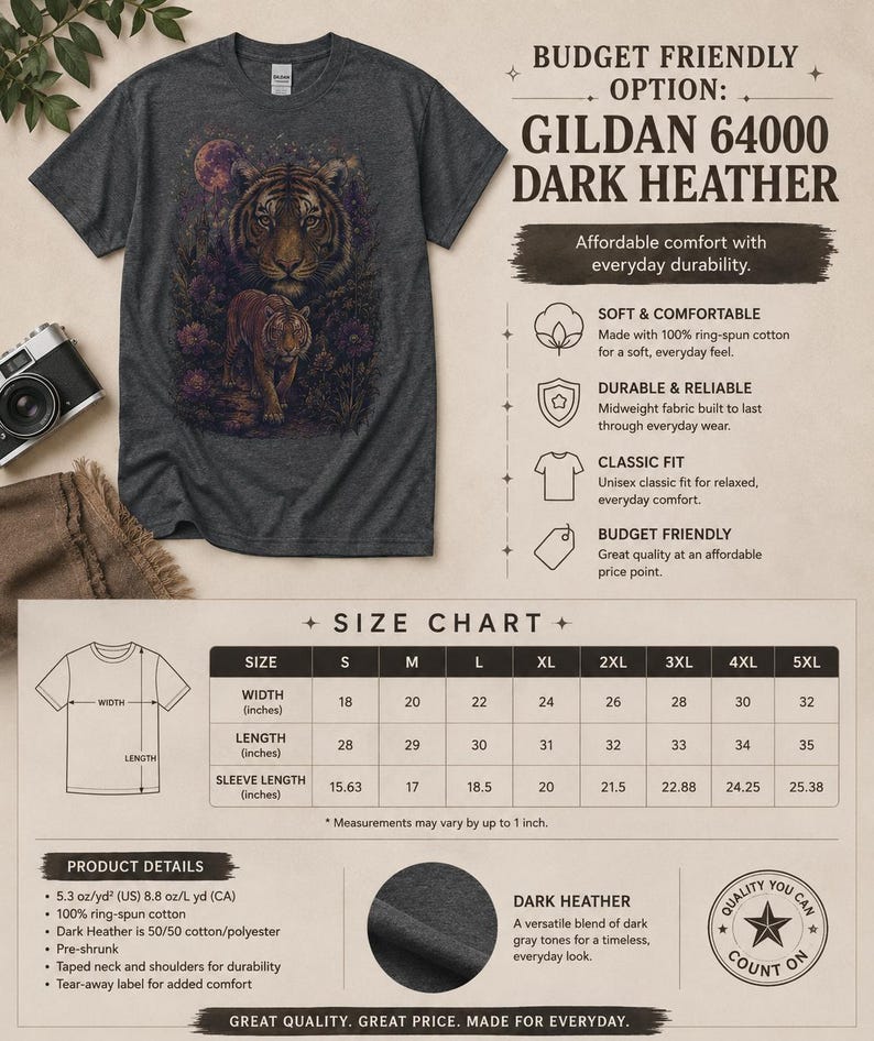 May include: A dark heather gray short-sleeve t-shirt featuring a graphic of two tigers in a floral landscape. The image includes text detailing the Gildan 64000 model, product features, and a size chart with measurements in inches from S to 5XL.