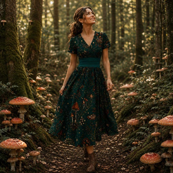 Enchanted Mushroom Forest Midi Dress | Dark Teal Copper Woodland Fairy Cottagecore