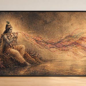 May include: A framed art print depicts a figure playing a flute near water. The figure is dressed in traditional attire, with a crown and garland. The artwork features warm tones, with flowing colors emanating from the flute, creating a serene and spiritual scene.