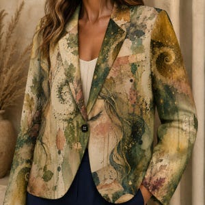 May include: A long-sleeve blazer featuring a multi-coloured watercolour-style print with shades of green, gold, and brown. The design includes abstract swirling patterns, leaf motifs, and a subtle illustration of a face with closed eyes. It has a single black button closure at the front and notched lapels.