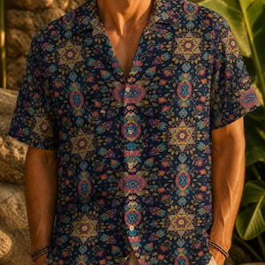 Peut inclure: Une chemise à manches courtes avec un motif géométrique vibrant dans les tons de bleu, jaune, rose et violet. La chemise a un col classique et est faite d'un tissu léger. La chemise est déboutonnée en haut.