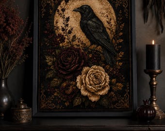Gothic Raven Wall Art, Dark Academia Crow Print, Vintage Floral Moon Poster, Dark Boho Halloween Decor, Black Bird Art, Gothic Home Decor