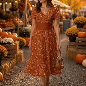 May include: A rust-colored midi dress featuring a V-neckline, short sleeves, and a wide waistband. The fabric is adorned with a white botanical print of ferns, flowers, and crescent moons. A brown handbag and tan ankle boots complete the outfit.