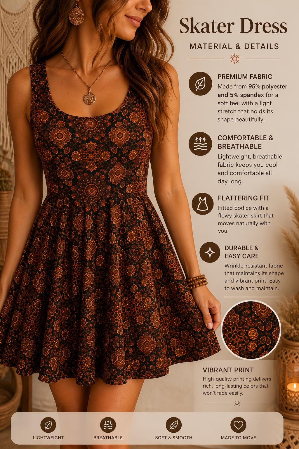 flowy skater dress Boho | Earthy Mandala Print, Summer Festival Outfit beach outfit inspo