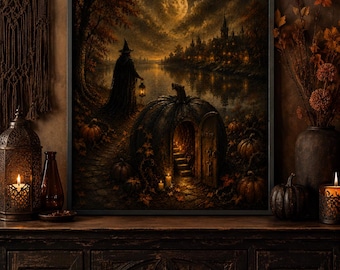 Halloween Kürbis Cottage Wandkunst | Gothic Mond Druck | Darkcore Cottage Halloween Dekor | Gruseliges Herbstgerahmtes Poster | Kürbis Haus Art