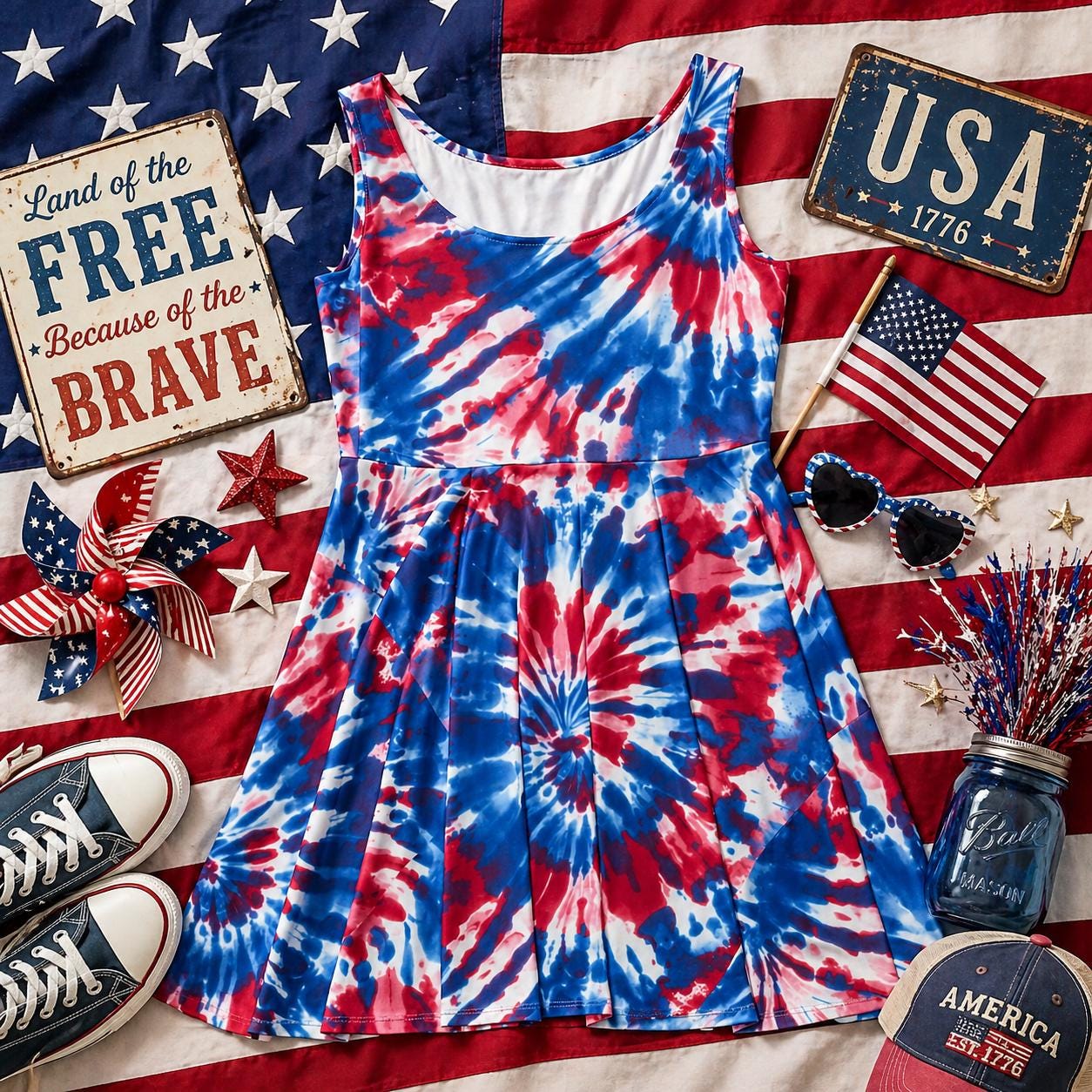 red white and blue tie dye dress Wholesale Red, White and Blue Tie-Dye Parachute Dress