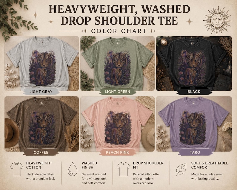 May include: A color chart for a heavyweight, washed drop shoulder tee featuring six t-shirts in light gray, light green, black, coffee, peach pink, and taro. Each shirt displays a graphic of a tiger in a forest setting with a moon above.