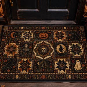 Vintage Halloween Quilt Doormat, Spooky Patchwork Fall Porch Decor