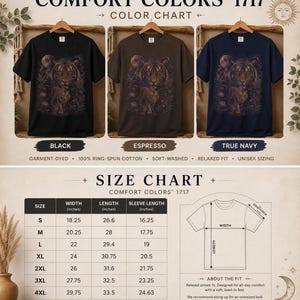 May include: A Comfort Colors 1717 t-shirt color and size chart featuring black, espresso, and true navy shirts with a tiger graphic. The chart displays width, length, and sleeve length measurements in inches for sizes small through 4XL.