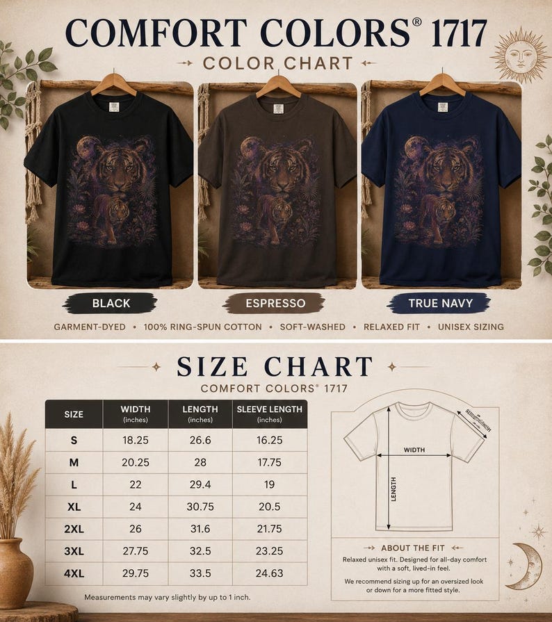 May include: A Comfort Colors 1717 t-shirt color and size chart featuring black, espresso, and true navy shirts with a tiger graphic. The chart displays width, length, and sleeve length measurements in inches for sizes small through 4XL.