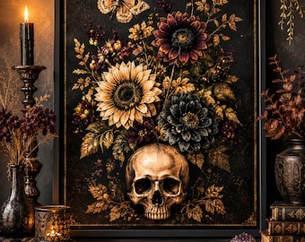Gothic Skull Botanical Print | Dark Floral Autumn Wall Art (Framed)