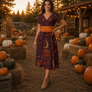 May include: A dark purple midi dress featuring a vibrant print of golden crescent moons, stars, and orange floral patterns. The dress has short sleeves, a V-neckline, and a wide, solid orange waistband, paired with tan suede ankle boots.