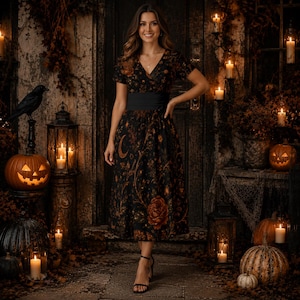 Könnte beinhalten: Ein schwarzes Midikleid mit V-Ausschnitt, kurzen Ärmeln und einem breiten, einfarbigen schwarzen Taillenband. Der Stoff ist mit einem wiederkehrenden Muster aus orangefarbenen Mondsicheln, Sternen und Blumenmotiven bedruckt. Das Kleid hat einen ausgestellten Rock.