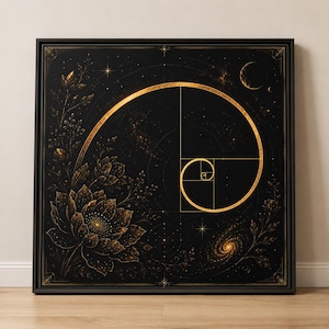 May include: A square framed wall art piece featuring a golden Fibonacci spiral overlaid on a black background. The design includes intricate gold floral illustrations, a crescent moon, and a spiral galaxy, all set within a thin black frame.