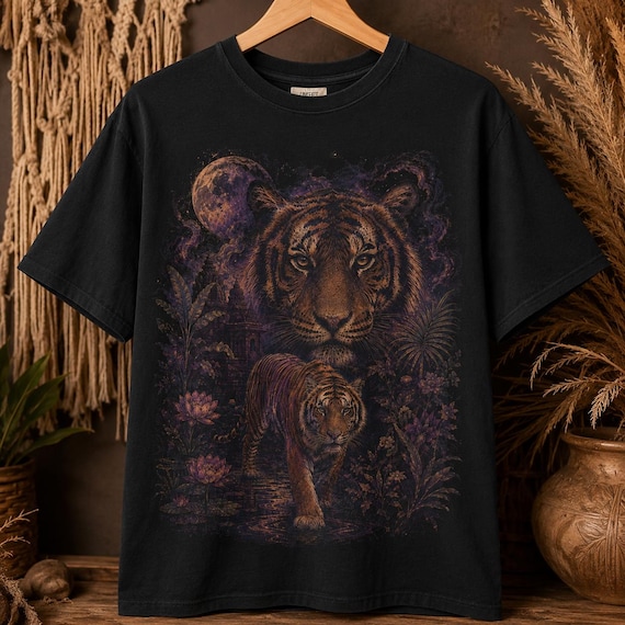 Mystical Tiger Washed Heavyweight Tee, Vintage Spiritual Animal Graphic Shirt