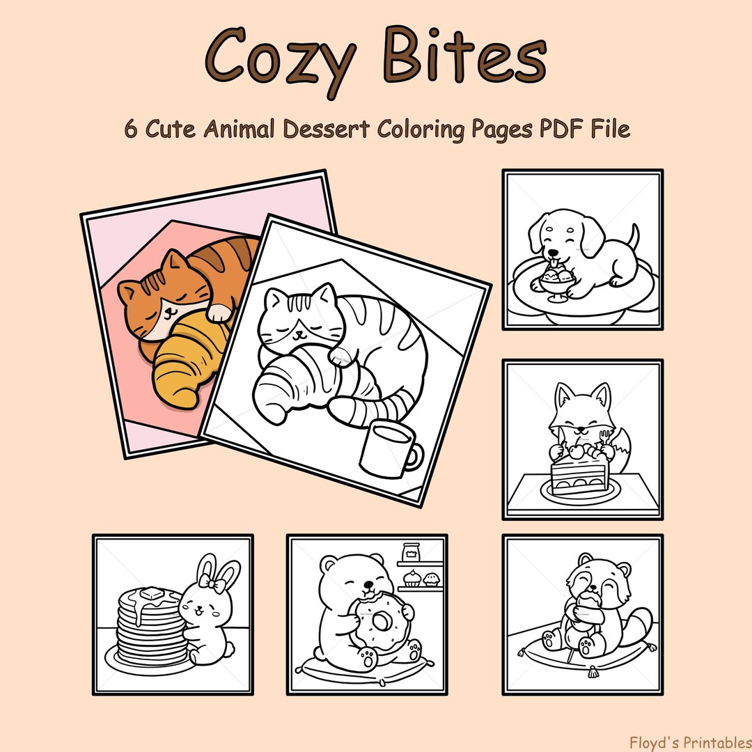 Cozy Bites Kawaii Animal Dessert Coloring Pages, 6 Food Coloring Page ...