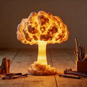 Könnte beinhalten: Eine einzigartige Tischlampe in Form einer Atompilzwolke, die ein helles orange-gelbes Licht ausstrahlt. Die Lampe hat eine strukturierte Oberfläche und einen stielartigen Sockel. Sie steht auf einer Holzoberfläche.