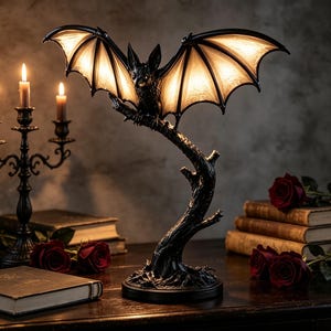 May include: A black bat-shaped table lamp with translucent, glowing wings perched on a textured tree branch base. The lamp emits a warm light through its wing panels, which are framed in black, creating a detailed silhouette of a bat in flight.