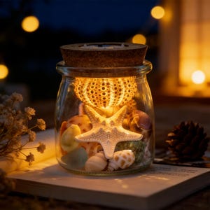 Puede incluir: Un tarro de cristal lleno de conchas marinas, una estrella de mar y una luz decorativa. El tarro está coronado con una tapa de corcho y descansa sobre un libro. La luz dentro del tarro ilumina el contenido, creando un brillo cálido.