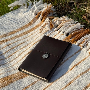 Pocket-sized Grape Leather Travel Journal – Handmade Vegan Notebook with Gold or Silver Charm | Refillable Espresso Journal|Sustainable Gift
