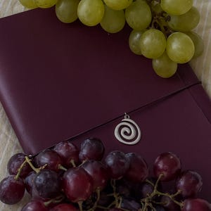 May include: A burgundy leather journal with a silver spiral charm and a black cord. Bunches of green and red grapes are arranged around the journal. The journal is closed and has a simple design.