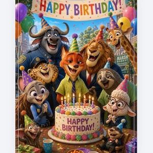 May include: A colorful birthday scene featuring characters from Zootopia. A banner reads "HAPPY BIRTHDAY!" above a group of animated animals, including a fox, lion, and giraffe, gathered around a decorated cake with lit candles. Balloons and party hats add to the festive atmosphere.